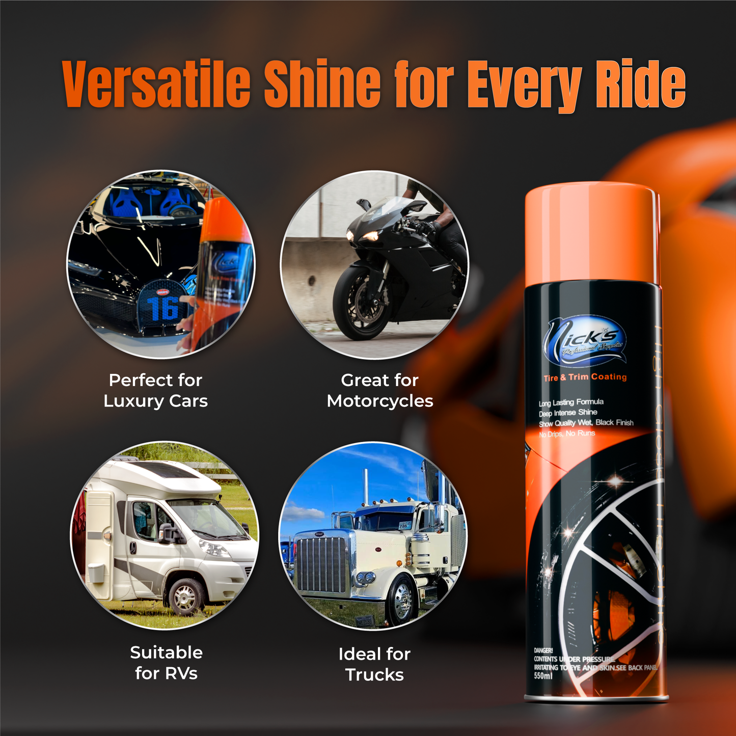 Nick's Professional Supplies High Gloss Tire Shine for Cars, Trucks,  Motorcycles & More: Buy Online at Best Price in UAE 