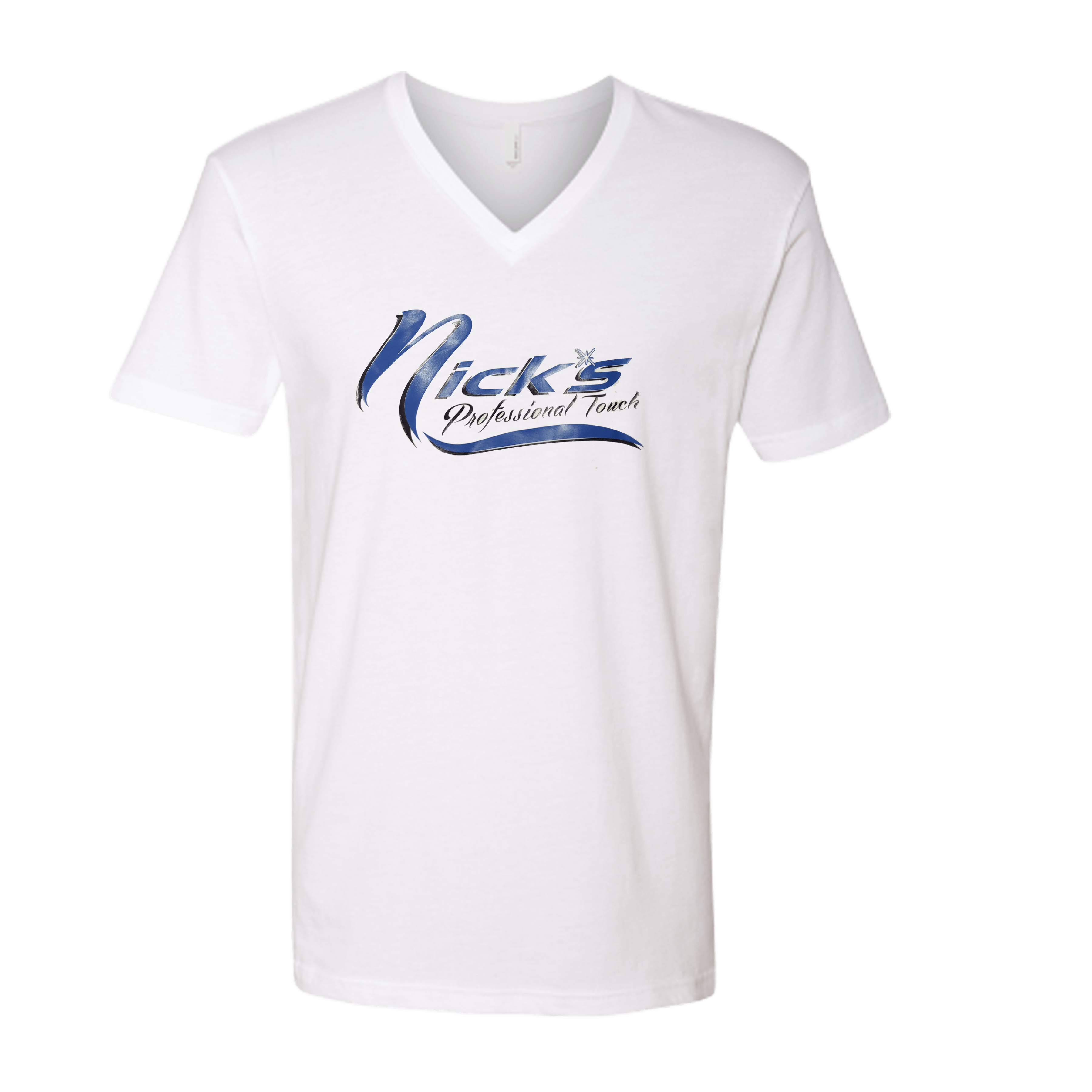 Nick's V Neck T-Shirts (White Shirt/Blue Design)